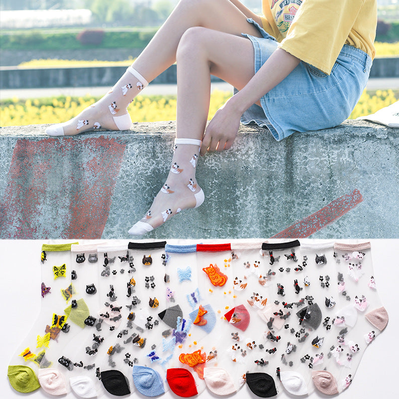 Summer thin glass stockings, cartoon animal transparent crystal stockings, Cassie women's socks