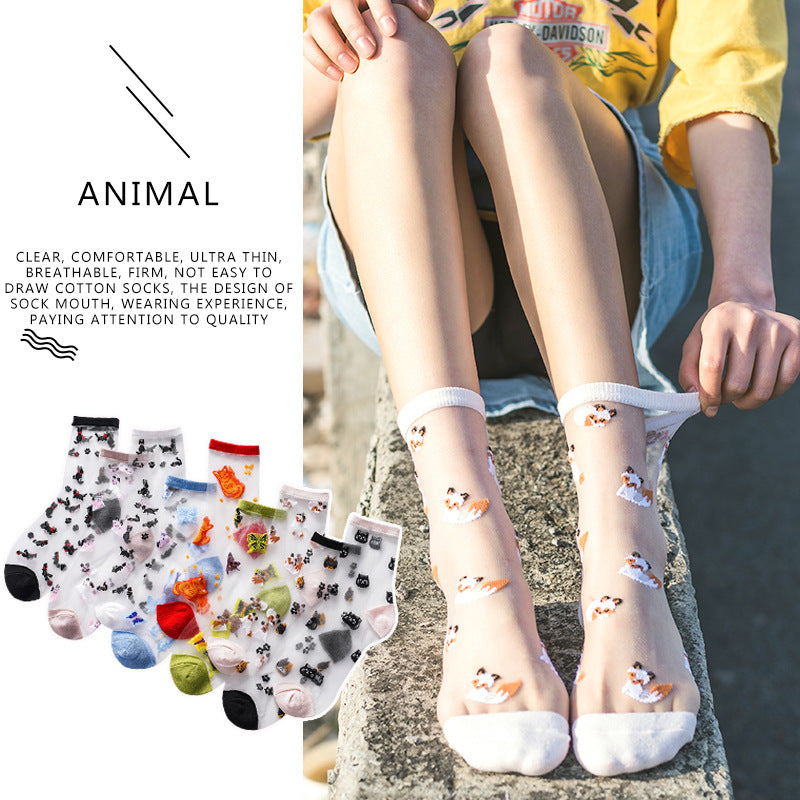 Summer thin glass stockings, cartoon animal transparent crystal stockings, Cassie women's socks