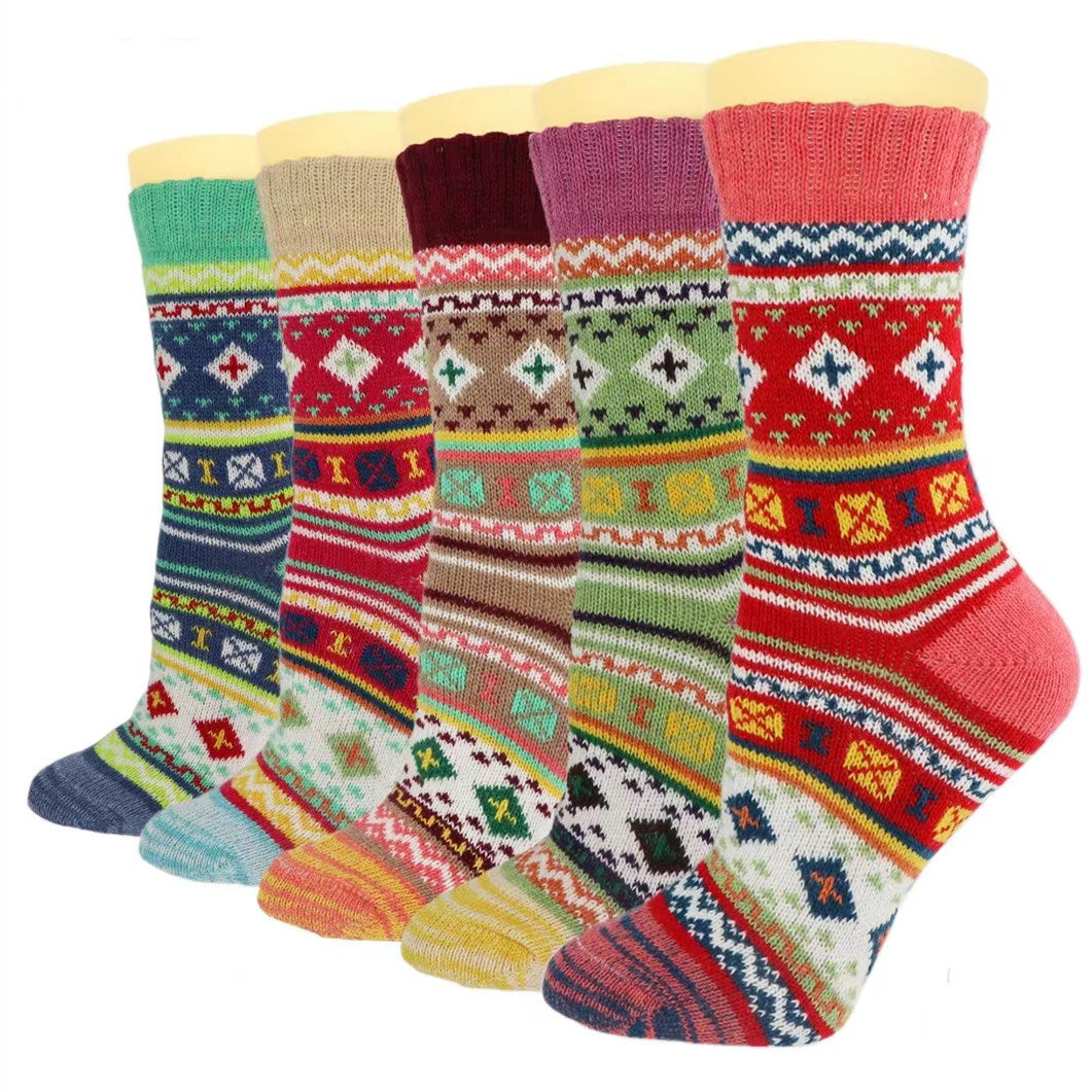 5 Pairs Womens Vintage Cozy Crew Socks Soft Cute Neutral Cotton Socks Exquisite Patterns Socks Gift