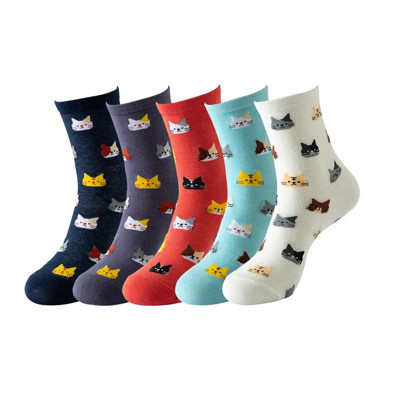 Womens Cat Socks Cute Gifts Animal Soft Breathable Thin Cotton Casual Crew Socks 5 Pairs