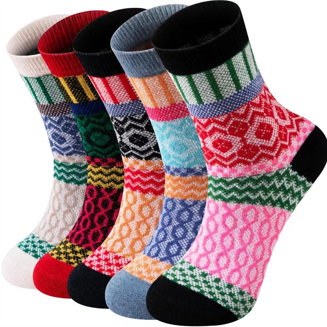 5 Pairs Womens Vintage Cozy Crew Socks Soft Cute Neutral Cotton Socks Exquisite Patterns Socks Gift