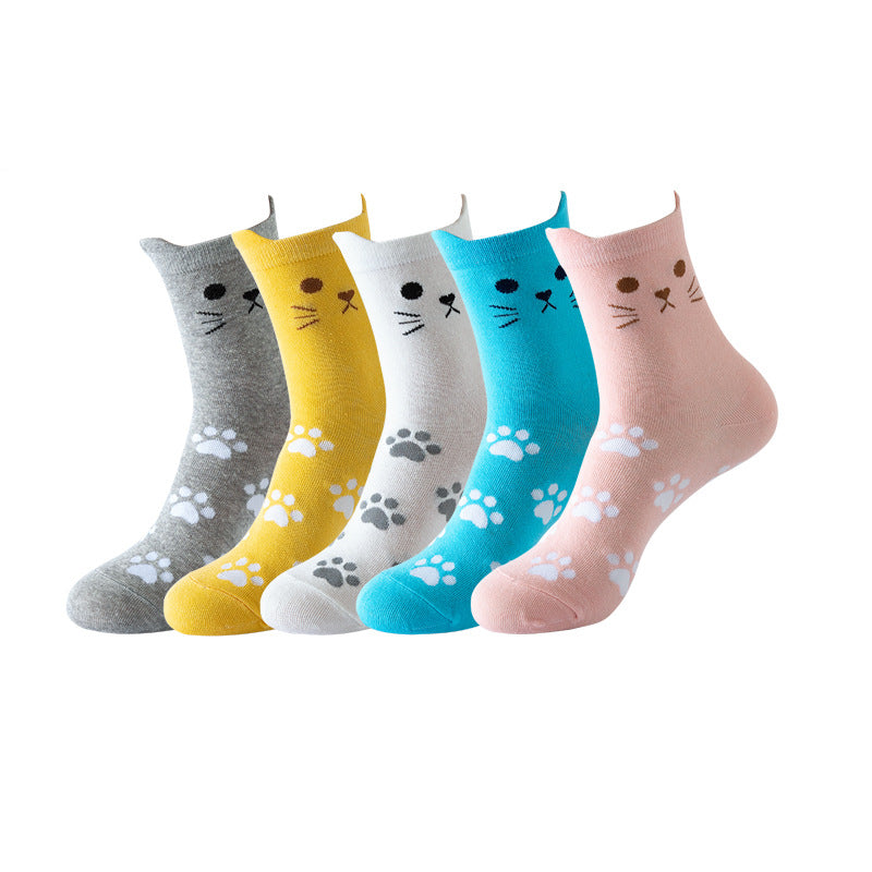 Womens Cat Socks Cute Gifts Animal Soft Breathable Thin Cotton Casual Crew Socks 5 Pairs