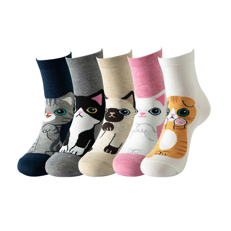 Womens Cat Socks Cute Gifts Animal Soft Breathable Thin Cotton Casual Crew Socks 5 Pairs