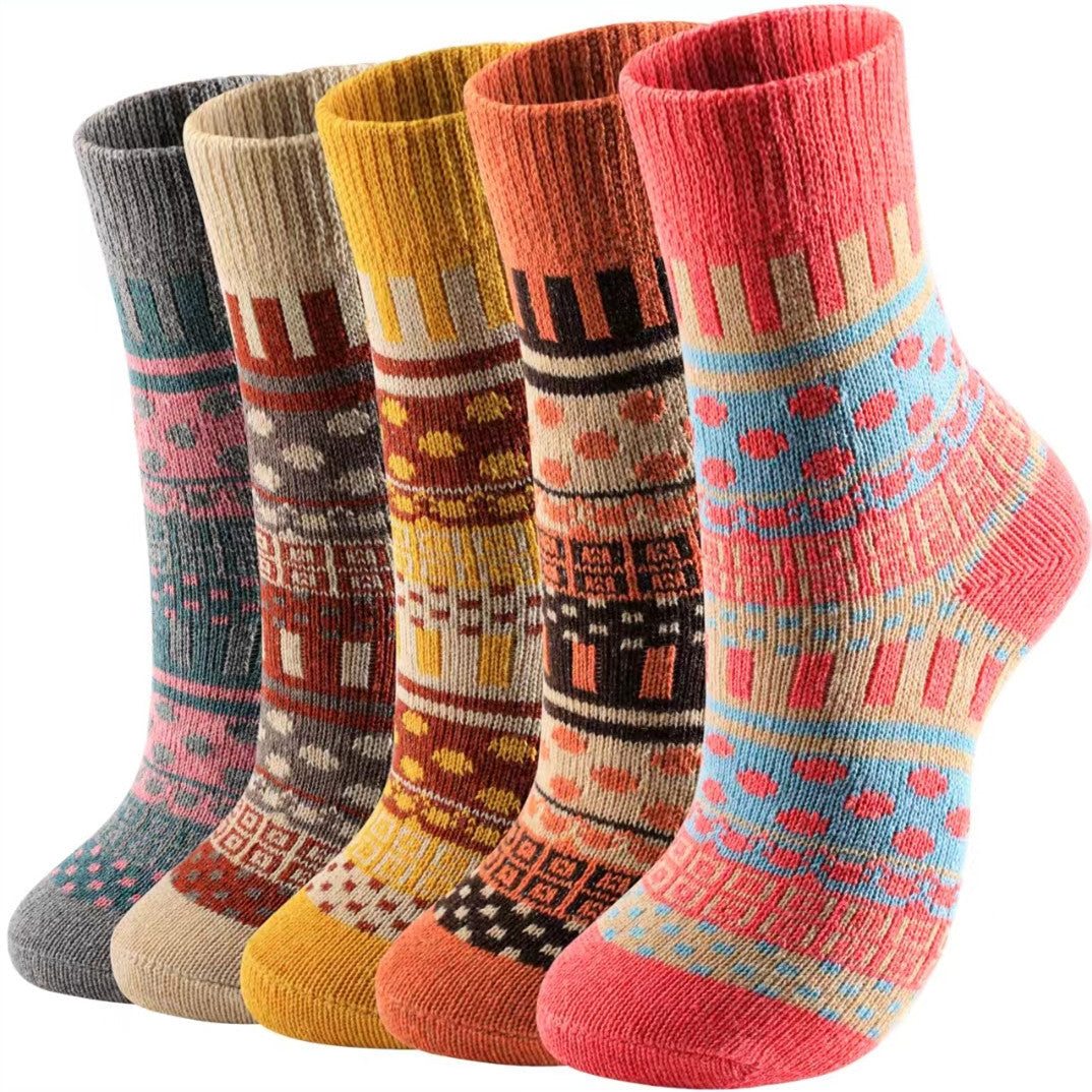 5 Pairs Womens Vintage Cozy Crew Socks Soft Cute Neutral Cotton Socks Exquisite Patterns Socks Gift