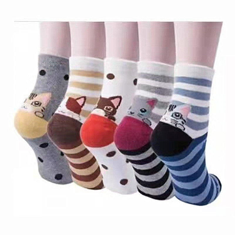 Womens Cat Socks Cute Gifts Animal Soft Breathable Thin Cotton Casual Crew Socks 5 Pairs