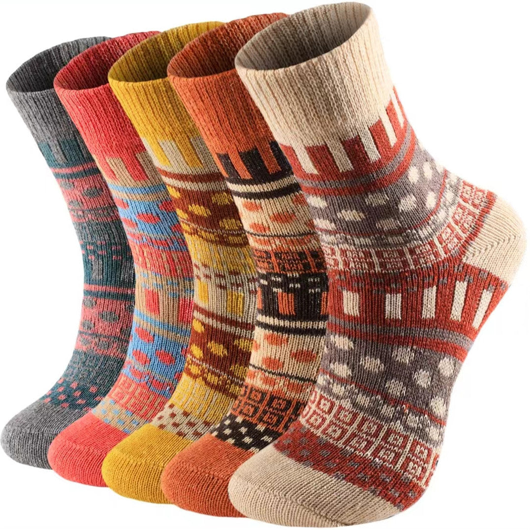 5 Pairs Womens Vintage Cozy Crew Socks Soft Cute Neutral Cotton Socks Exquisite Patterns Socks Gift