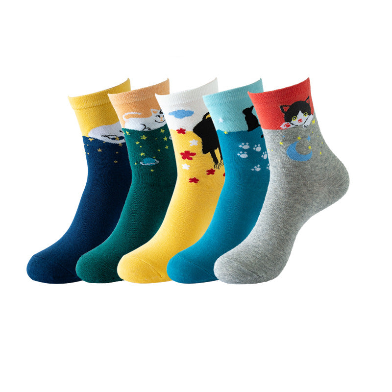 Womens Cat Socks Cute Gifts Animal Soft Breathable Thin Cotton Casual Crew Socks 5 Pairs