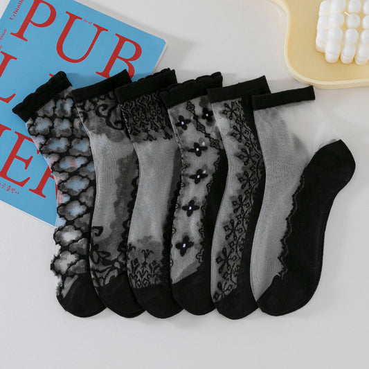 6 Pairs Women's socks lace flesh-colored lace wear-resistant breathable stockings autumn and winter cotton bottom crystal silk mid-length non-slip mesh