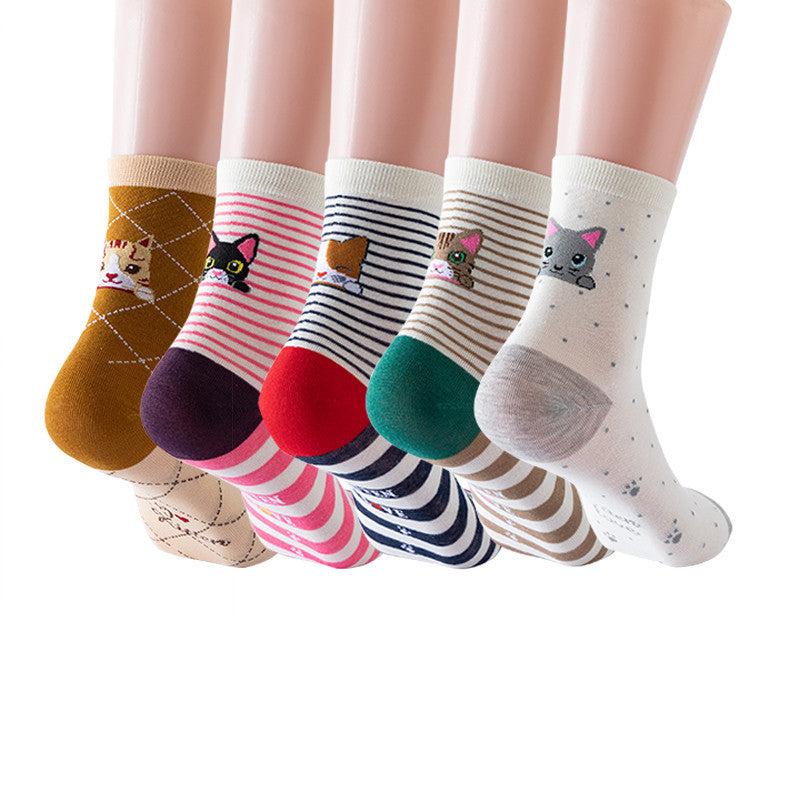 Womens Cat Socks Cute Gifts Animal Soft Breathable Thin Cotton Casual Crew Socks 5 Pairs