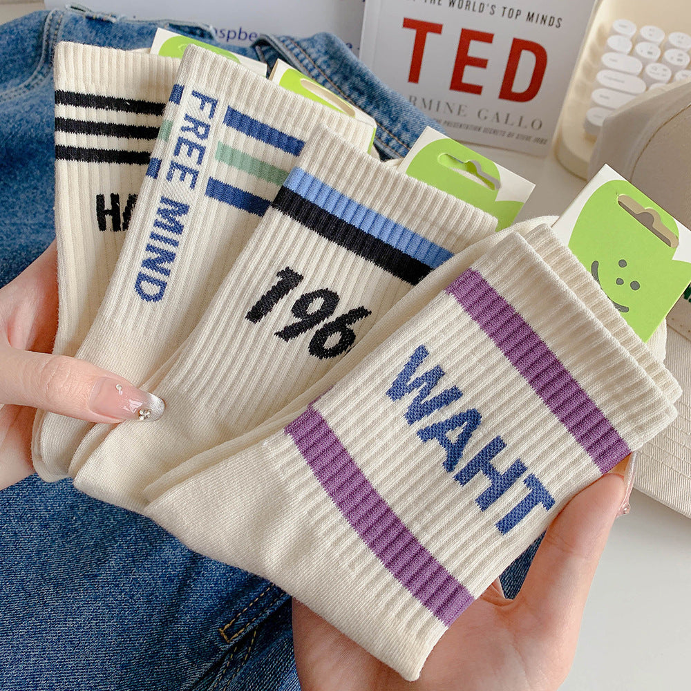 5 Pairs Letter socks for women in spring and summer ins trendy sports socks with shark pants stockings  white mid-calf socks