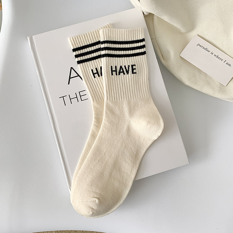 5 Pairs Letter socks for women in spring and summer ins trendy sports socks with shark pants stockings  white mid-calf socks