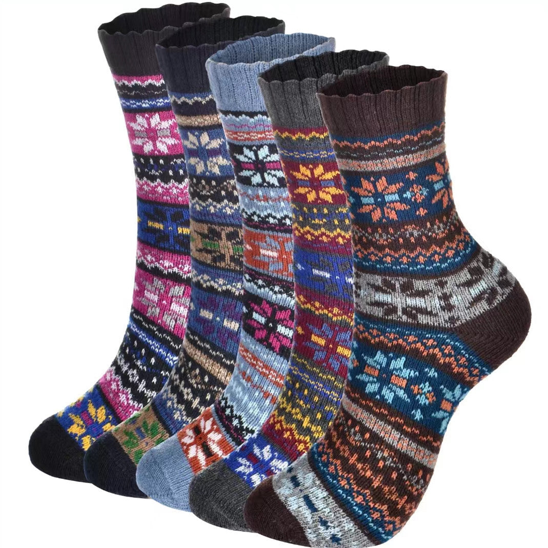 5 Pairs Womens Vintage Cozy Crew Socks Soft Cute Neutral Cotton Socks Exquisite Patterns Socks Gift