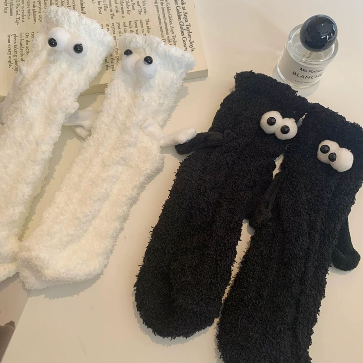 2 Pairs Magnetic holding hands socks with funny eyes for couples, girlfriends, autumn and winter home floor sleeping confinement socks, thickened and velvet